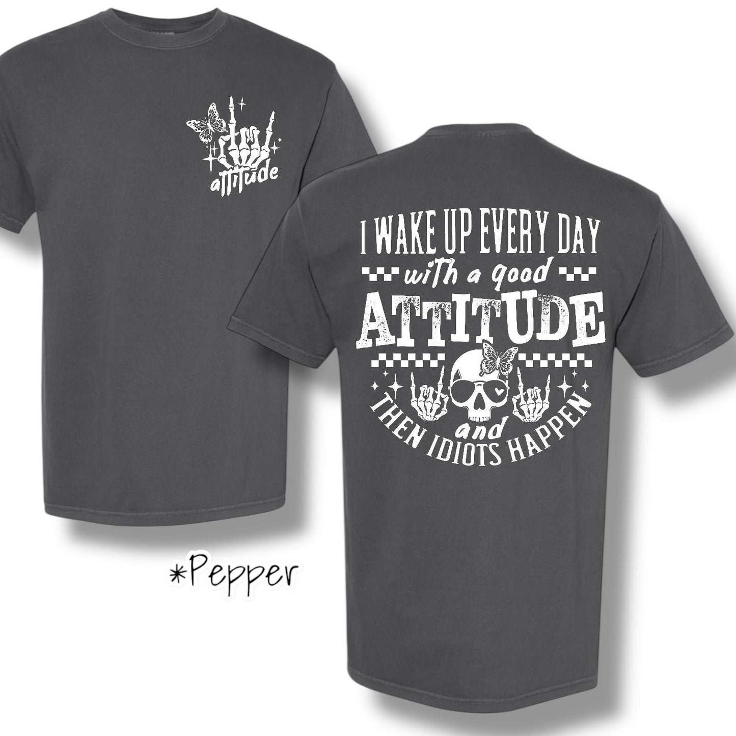 "Good Attitude" (White Ink) Pocket And Back Print Graphic Short Sleeve