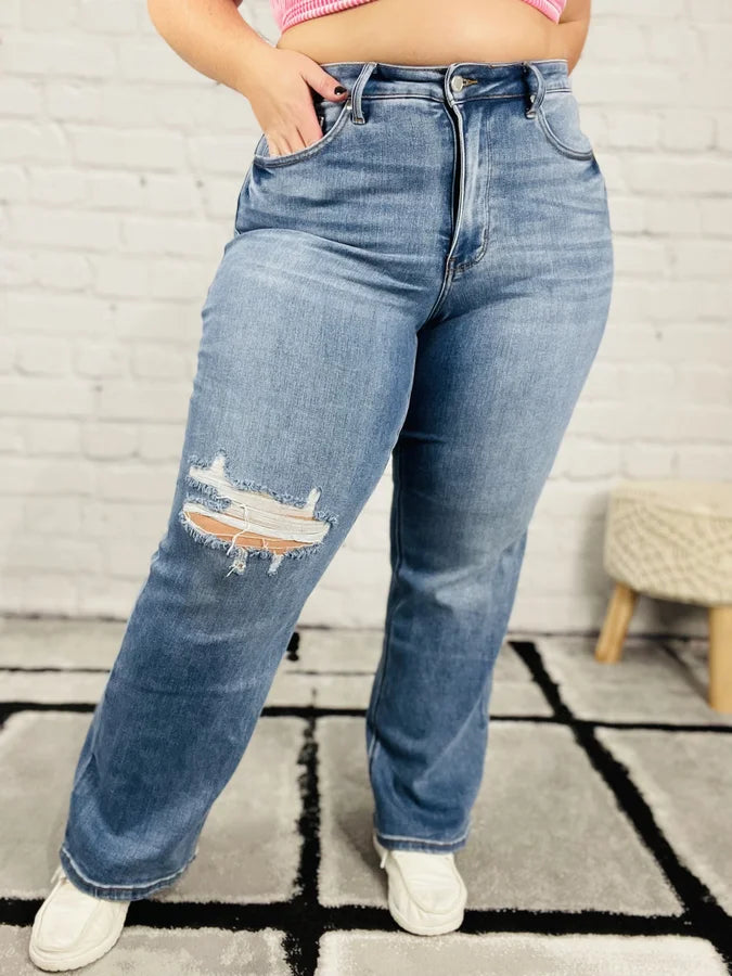 Judy Blue - "Marie" Medium Blue High-Waisted Tummy Control 90s Straight Leg Jeans