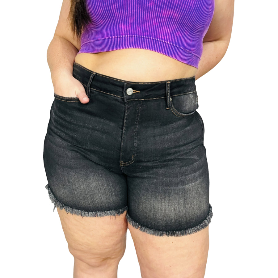 Judy Blue - "Carmen" Black High-Waisted Tummy Control Frayed Hem Shorts