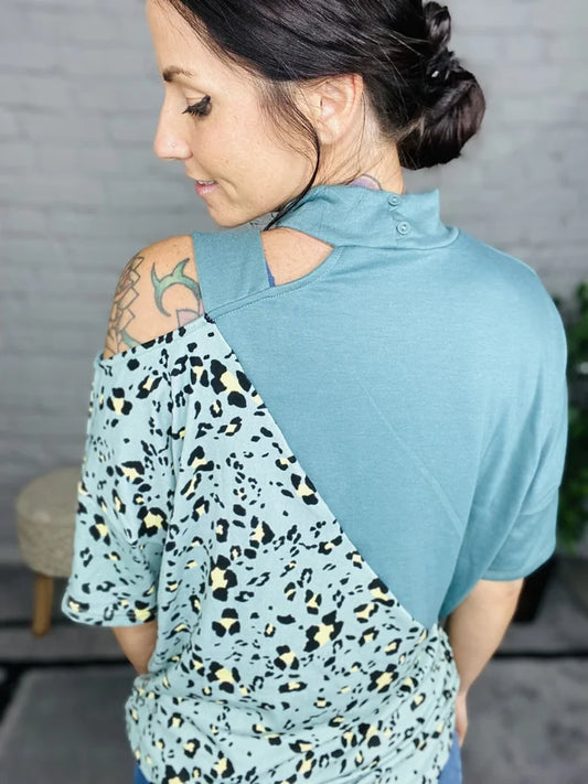 Sage/Leopard Block Top w/ Cold Shoulder