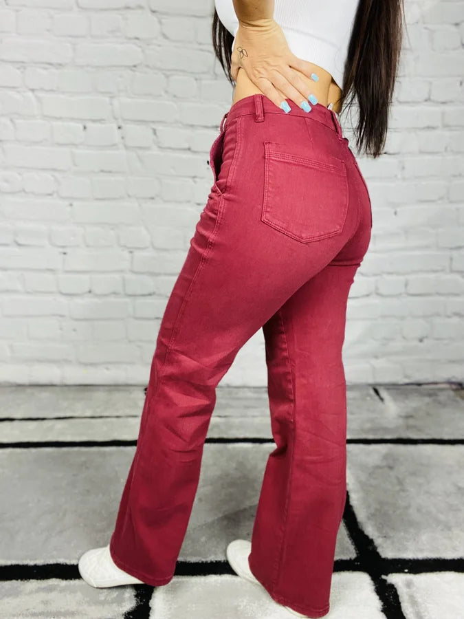 Judy Blue - "Scarlett" Burgundy High-Waisted Front Seam Straight Leg Jeans