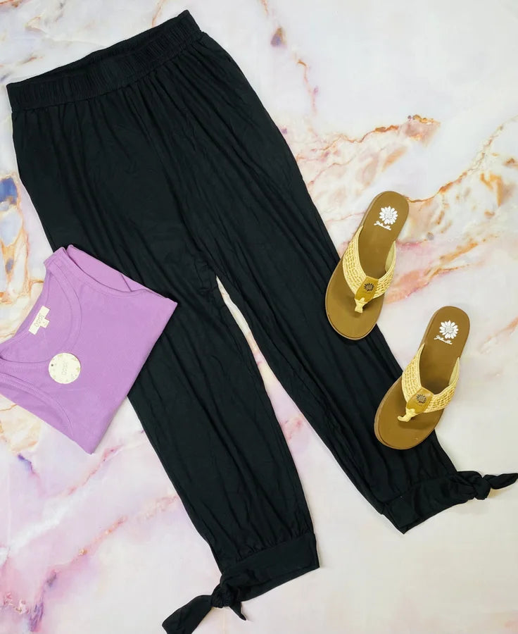 Black Flowy Pants w/ Elastic Waistband, Pockets, & Ankle Side Tie
