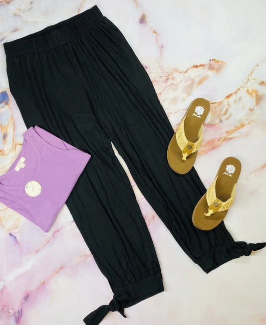 Black Flowy Pants w/ Elastic Waistband, Pockets, & Ankle Side Tie