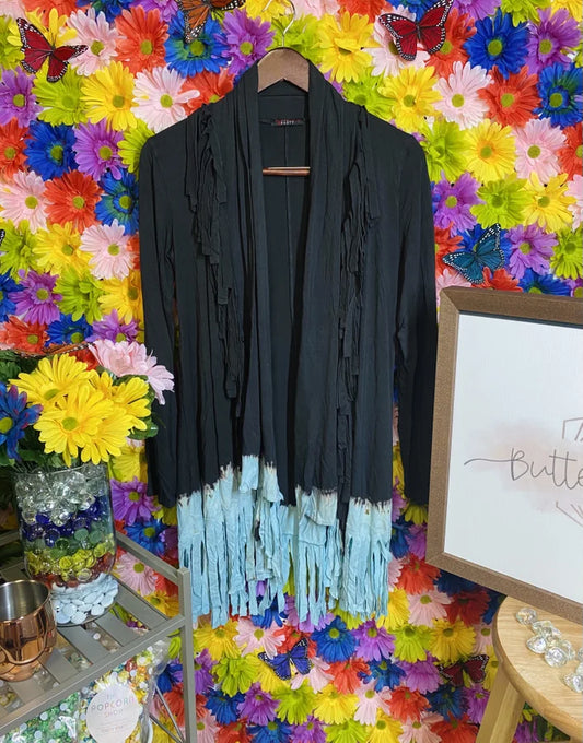 Black/Aqua Tie Dye Long Sleeve Cardigan w/ Fringe Detail