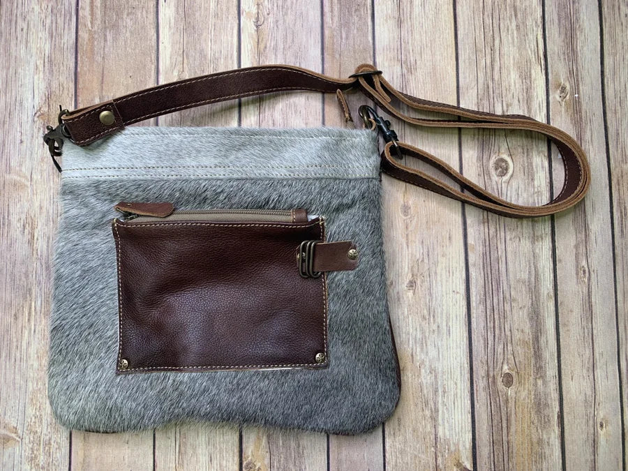 CENTRIC PATCH SHOULDER BAG COTTON, LEATHER, AND FUR