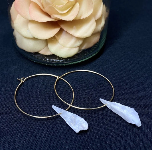 Savvy Bling White Iridescent Quartz Gold Hoop Earrings