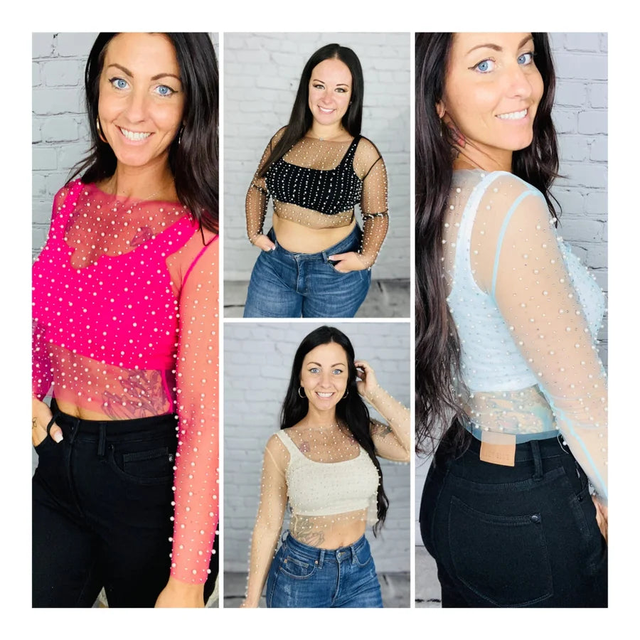 "Glamorous Gal" Pearl Beaded Mesh Top - Reg/Plus (Multiple Colors) (undershirt not included)