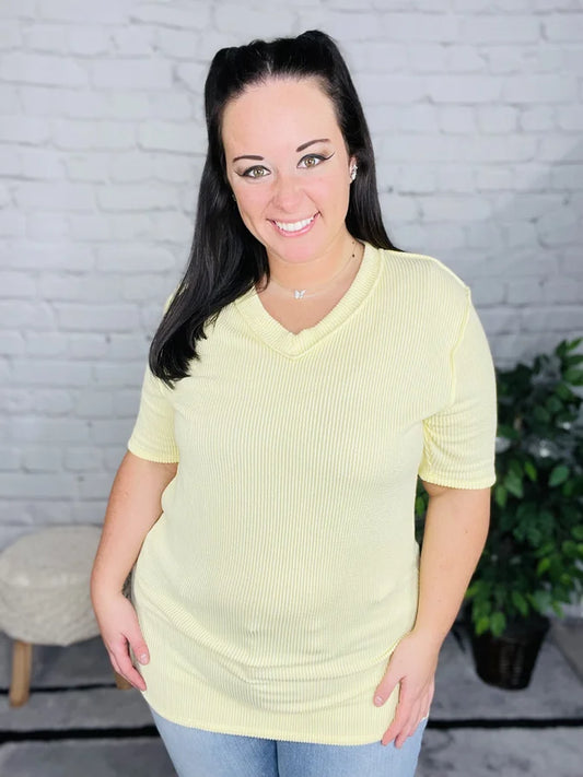"Keep Smiling" Pale Yellow Short Sleeve Top - Reg/Plus