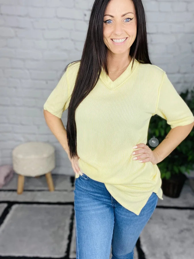 "Keep Smiling" Pale Yellow Short Sleeve Top - Reg/Plus