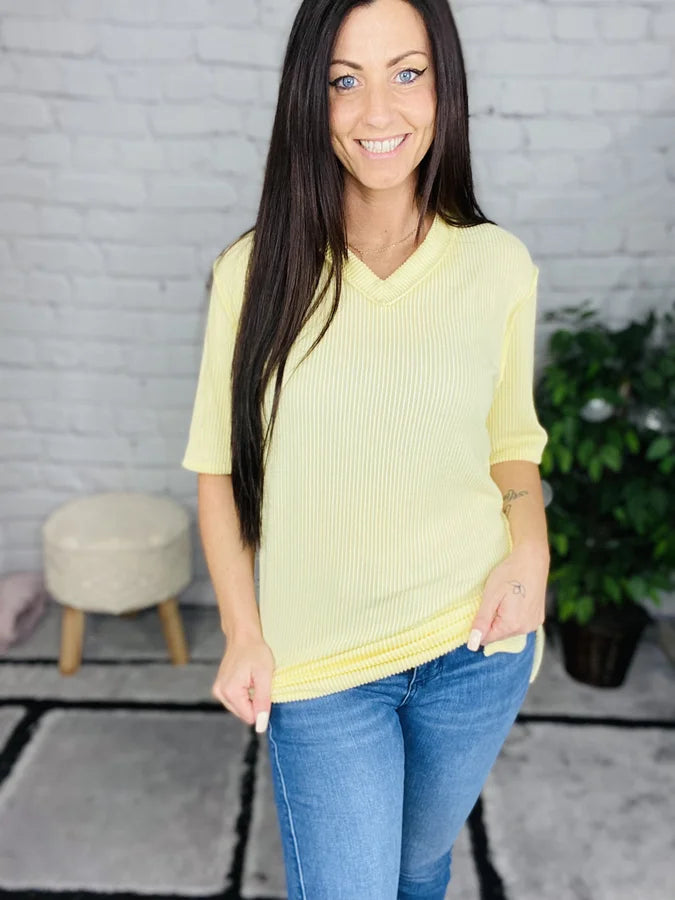 "Keep Smiling" Pale Yellow Short Sleeve Top - Reg/Plus