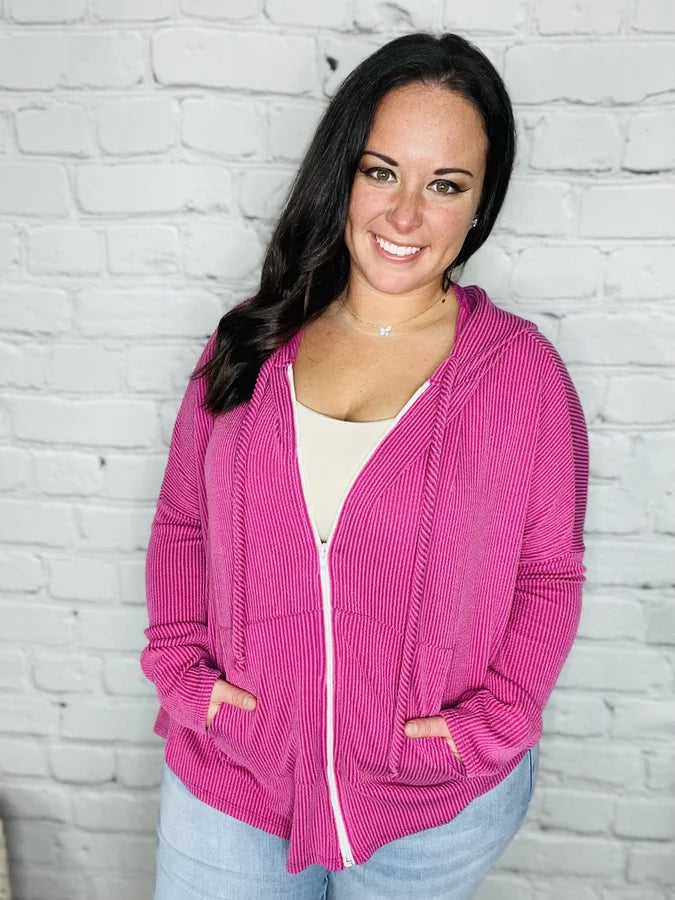 "Take on the World" Fuchsia Zippered Shacket - Reg/Plus