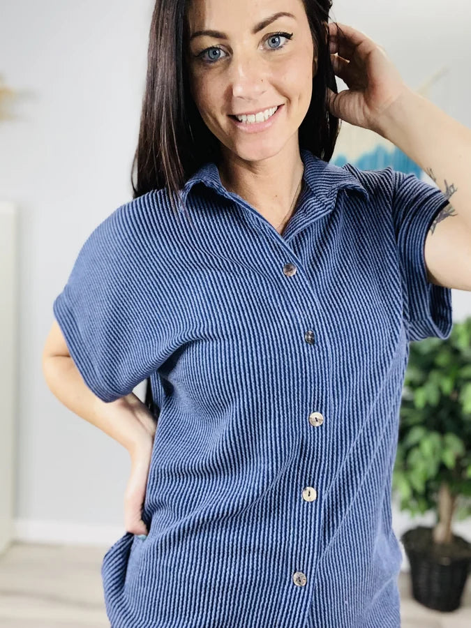 "Under the Summer Sky" Midnight Blue Short Sleeve Top - Reg/Plus