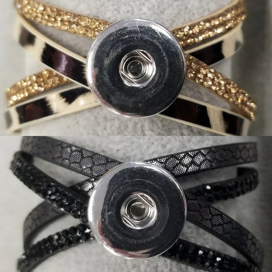Leather Wrap Snap Bracelet w/ Rhinestone Detail & Metal Closure