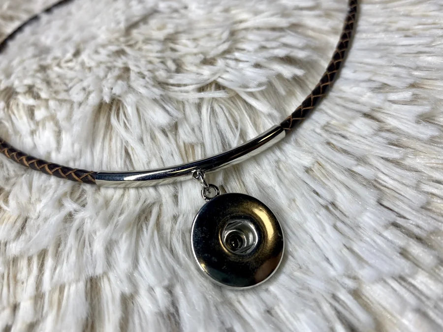 Braided Brown Leatherette Snap Necklace