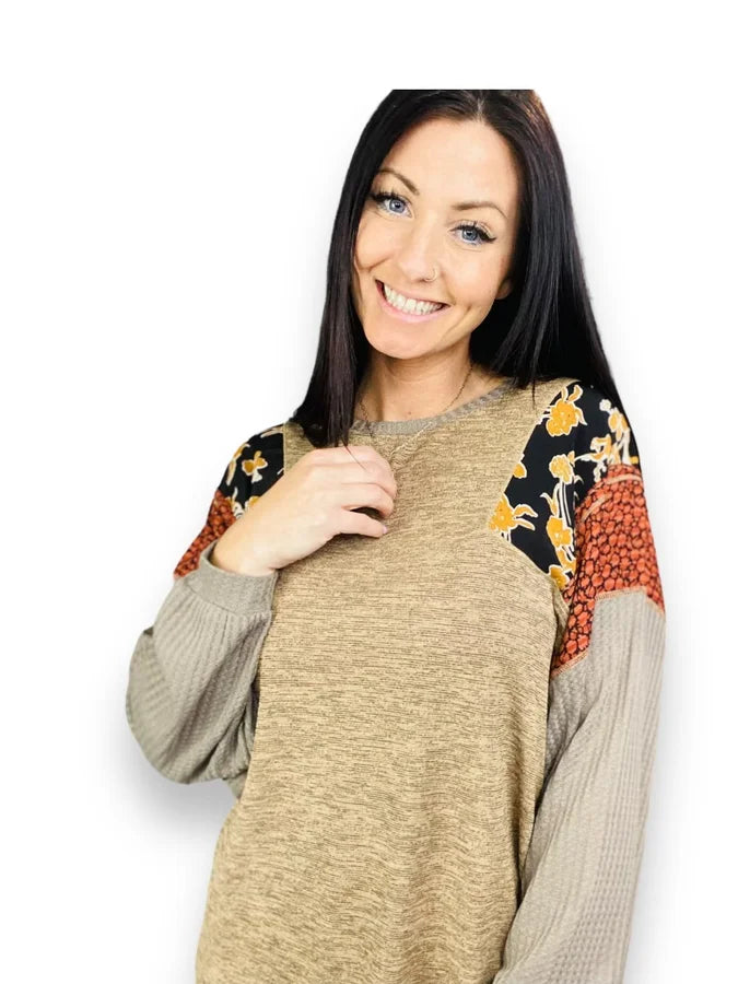 Taupe/Mocha Color Block Long Sleeve Top