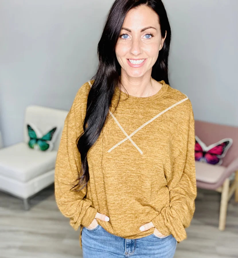 Reg. Dark Butterscotch Two Tone Long Sleeve Top