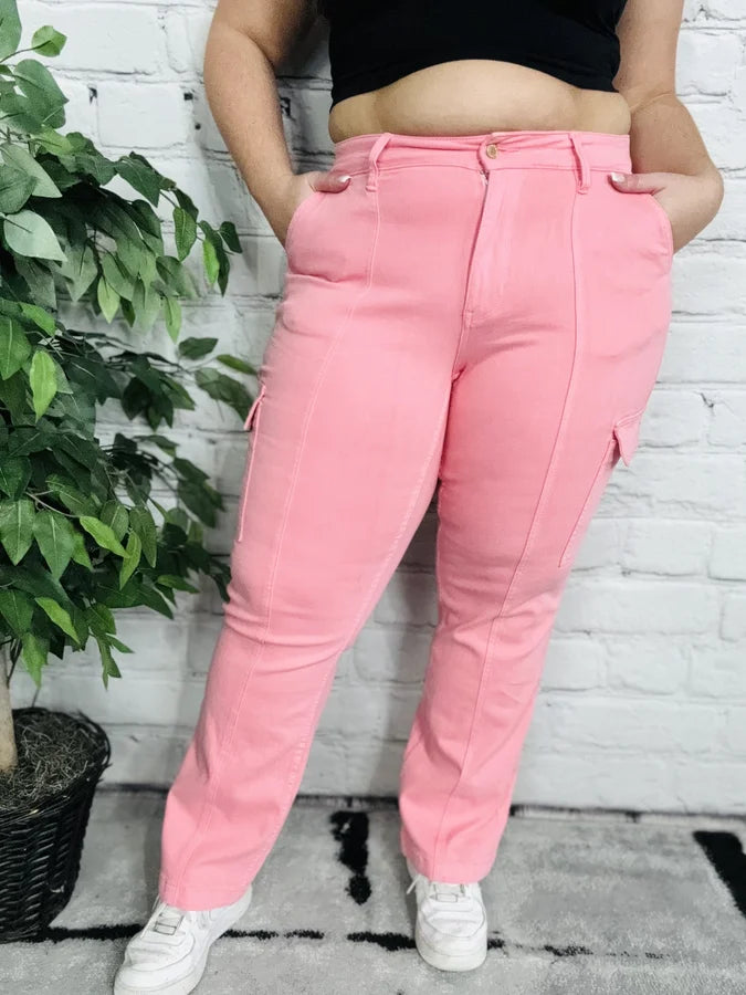 Judy Blue - "Penelope" Pink High-Waisted Cargo Straight Leg Jeans