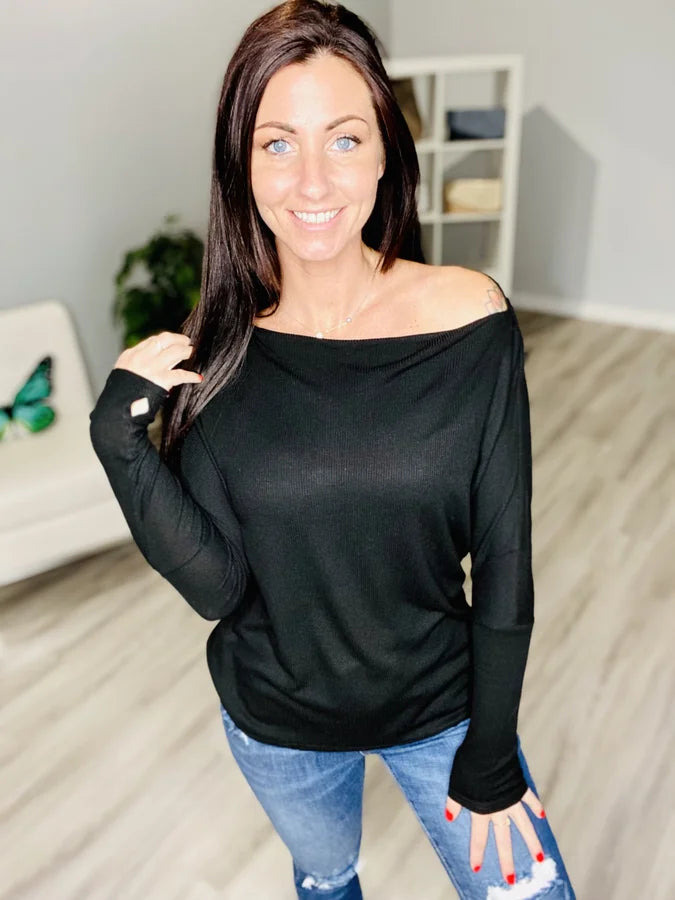 Reg. Black Off-the-Shoulder Long Sleeve Top