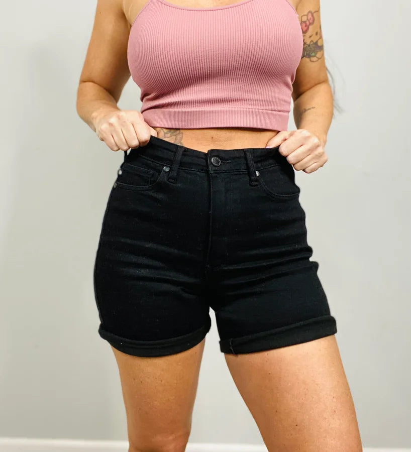 Judy Blue - "Sally" Black High-Waisted Tummy Control Cuffed Shorts