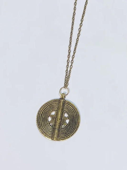 Antique Gold Circle Medallion Long Necklace