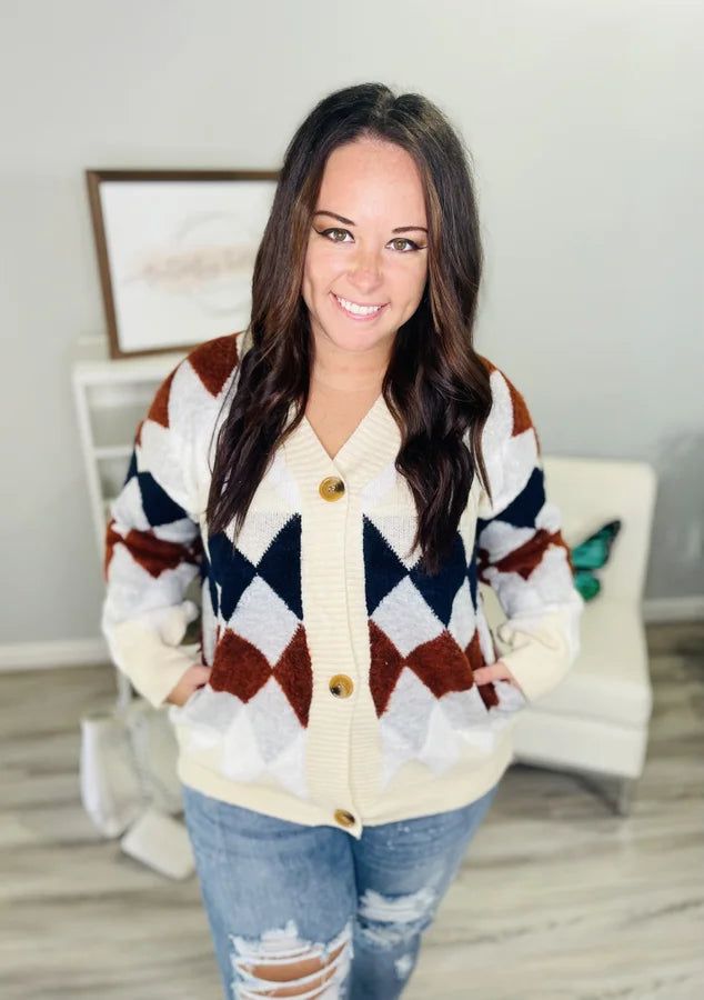 Reg. Light Grey/Beige Argyle Cardigan Sweater