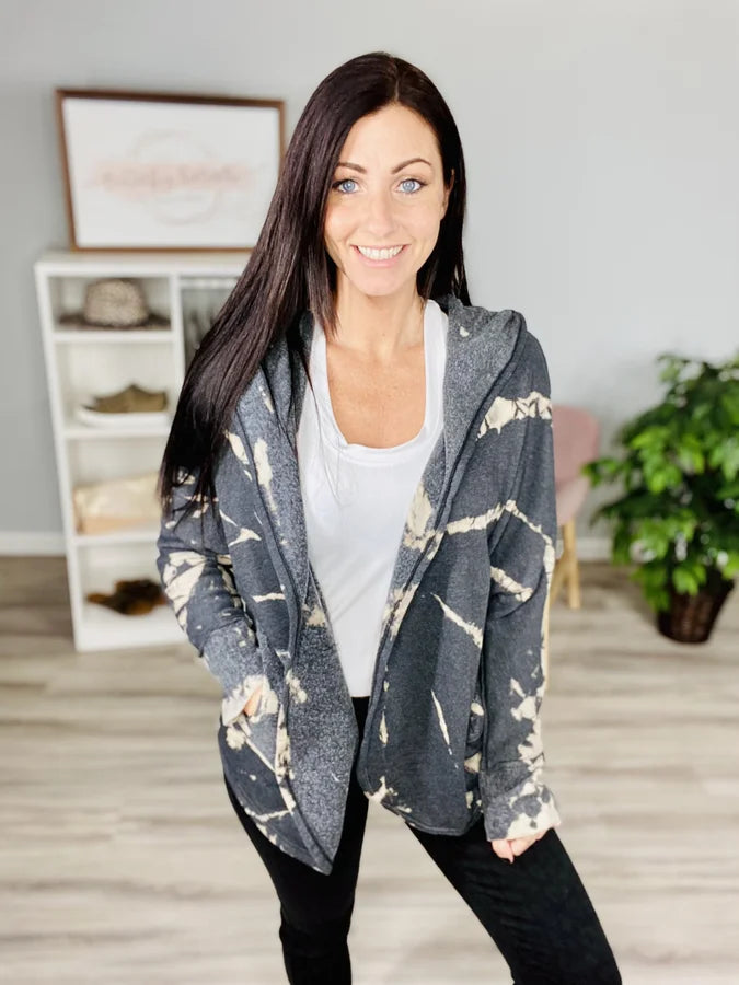 Reg. Charcoal/Taupe Tie Dye Dolman Sleeve Hoodie Cardigan