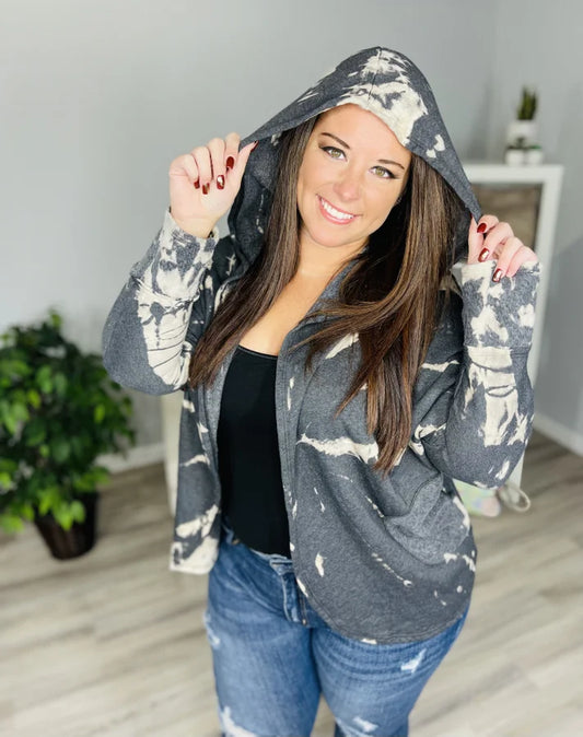 Reg. Charcoal/Taupe Tie Dye Dolman Sleeve Hoodie Cardigan