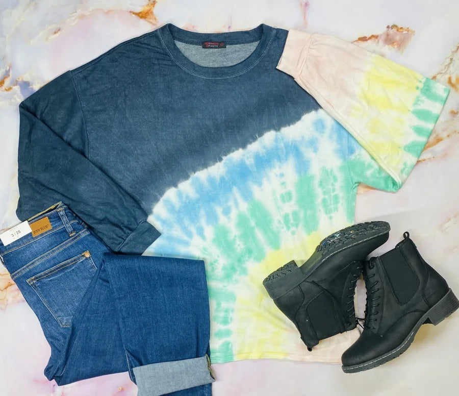 Navy/Pastel Rainbow Tie Dye Long Sleeve Top