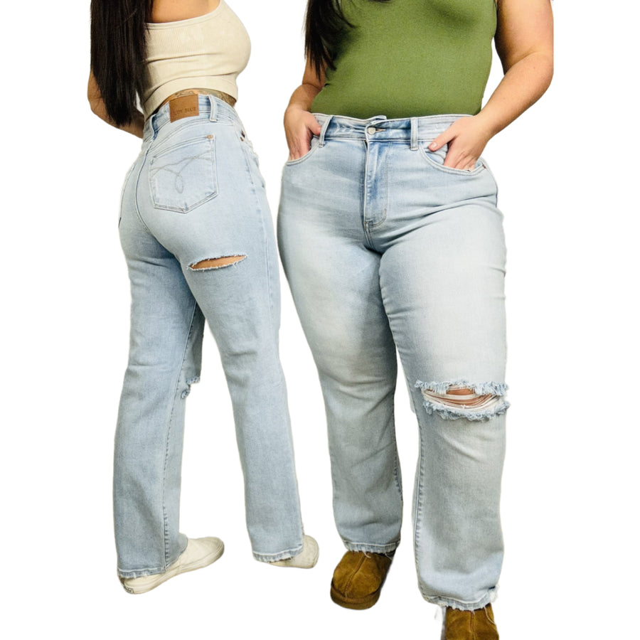 Judy Blue - "Christina" Light Blue High-Waisted Destroyed 90s Straight Leg Jeans