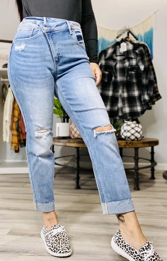 "Gwen" High-Rise Crossover Destroyed Boyfriend Jeans - Reg/Plus