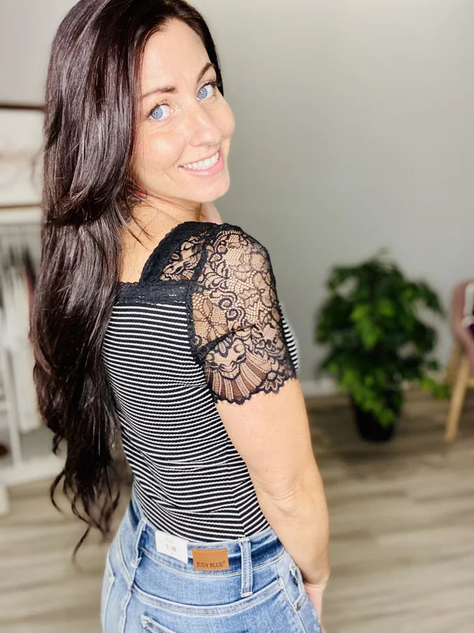 Reg/Plus Black/White Striped Short Sleeve Bodysuit