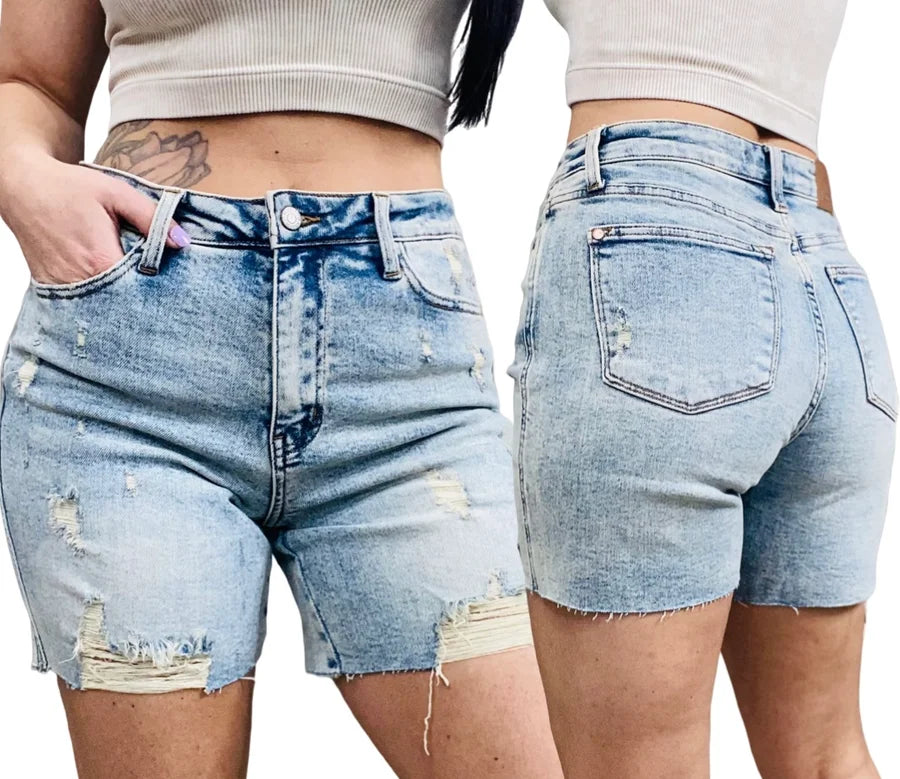 Judy Blue - "Mariah" Light Blue High-Waisted Mineral Wash Destroyed Boyfriend Shorts