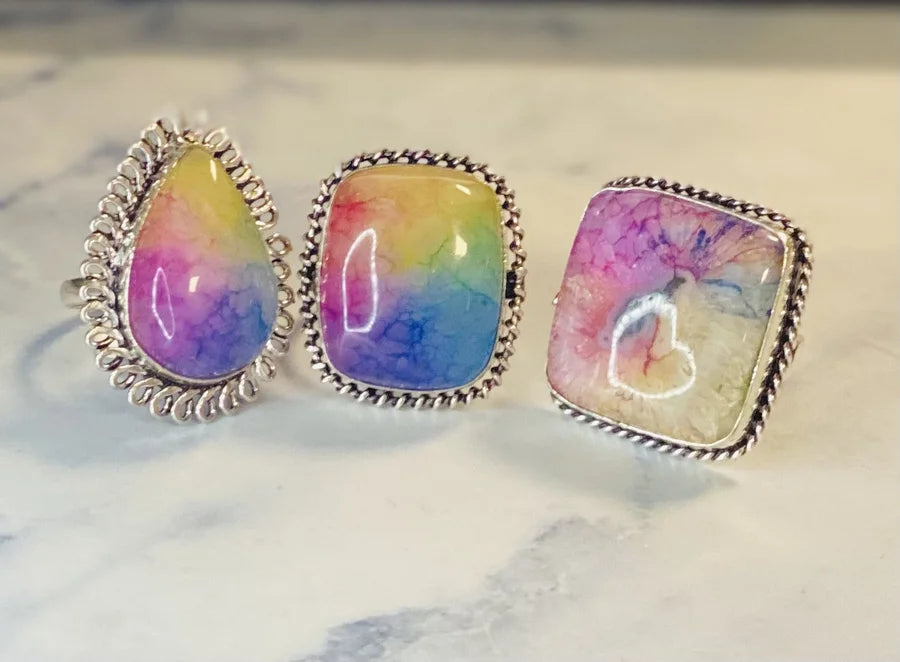 Beautiful Rainbow Solar Quartz Rings - Size 8
