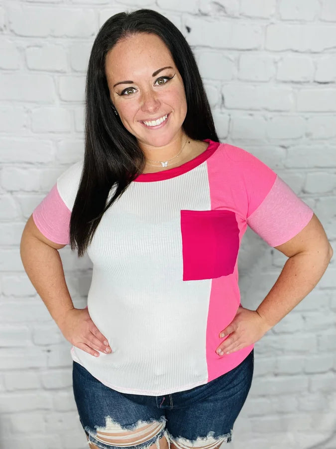 "Feeling Free" Pink/Ivory Color Block Short Sleeve Top