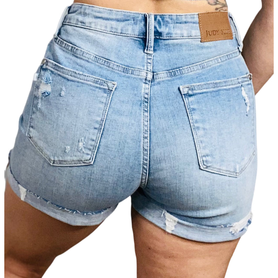 Judy Blue - "Katie" Light Blue High-Waisted Destroyed Cuff Shorts