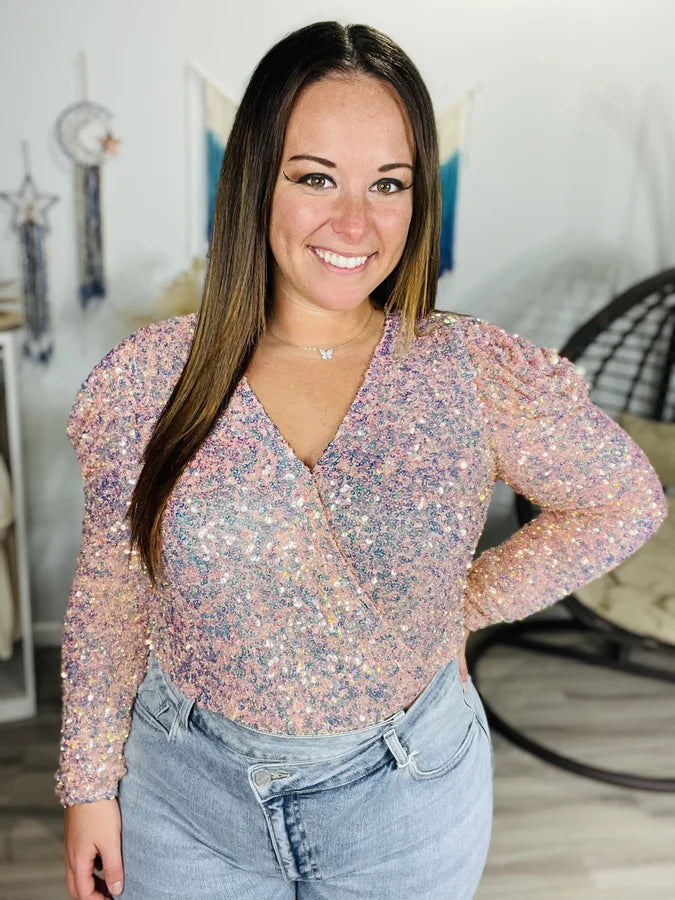 Pink Sequined Bodysuit - Reg/Plus