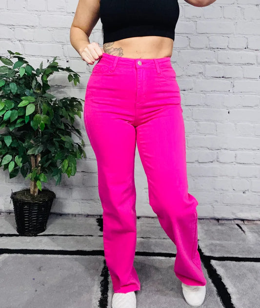 Judy Blue - "Heather" Hot Pink High-Waisted 90s Straight Leg Jeans