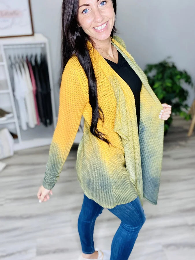 Reg. Golden Yellow/Olive Tie Dye Crochet Knit Cardigan