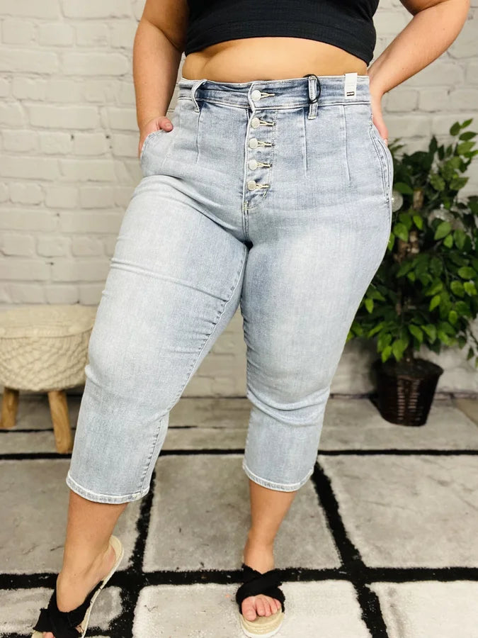 Judy Blue - "Abbey" Light Blue High-Waisted Cropped Wide Leg Jeans- Reg/Plus