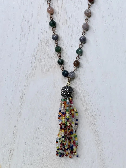 Bohemian India Agate Beaded Necklace w/ Agate Stine Tassel