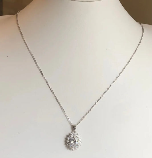 Sterling Silver Oval Cubic Zirconia Pendant Necklace - 16" +2