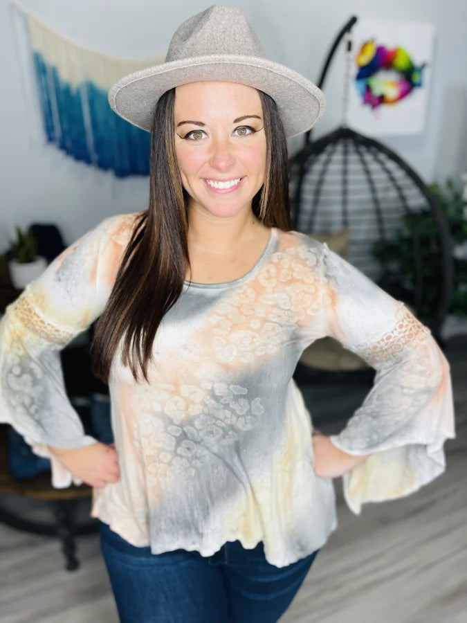 Reg. Peach/Grey Leopard Tie Dye Bell Sleeve Top