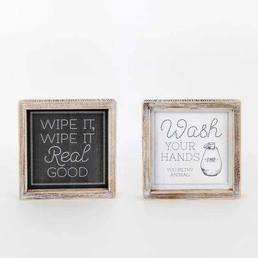 "Wipe It"/"Wash Your Hands" Wooden Framed Sign - Reversible