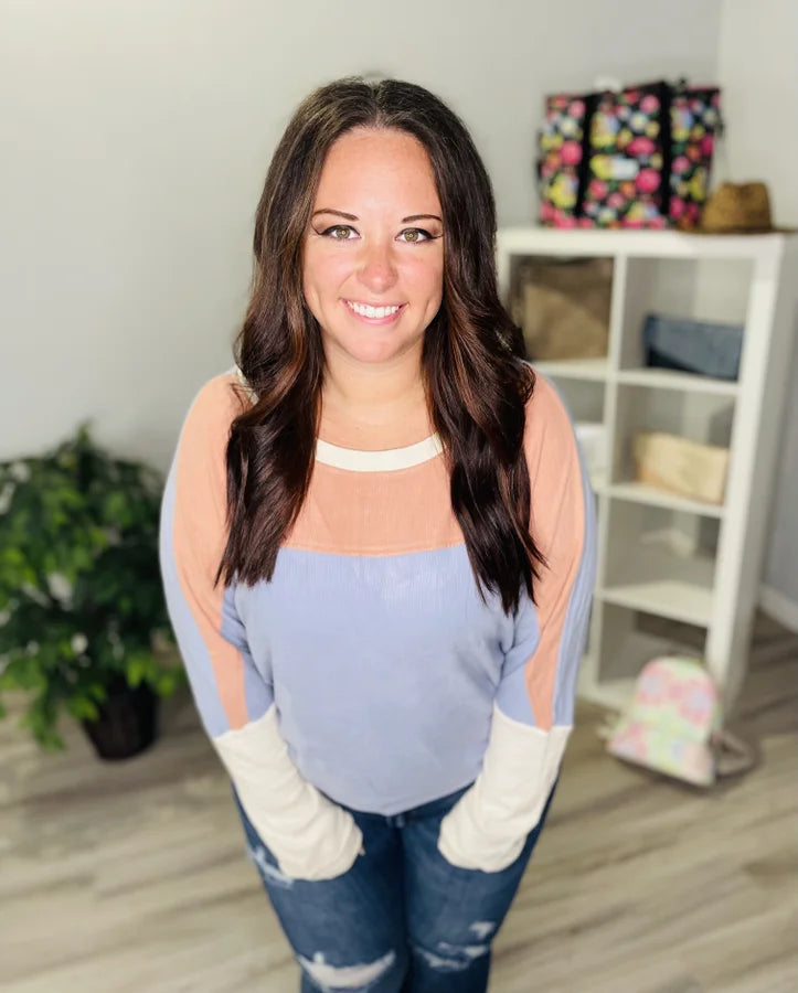 Reg Misty Blue/Peach Color Block Dolman Long Sleeve Top