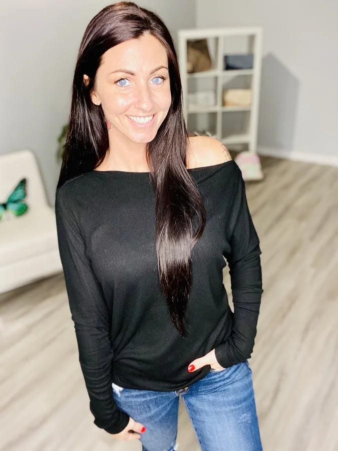 Reg. Black Off-the-Shoulder Long Sleeve Top