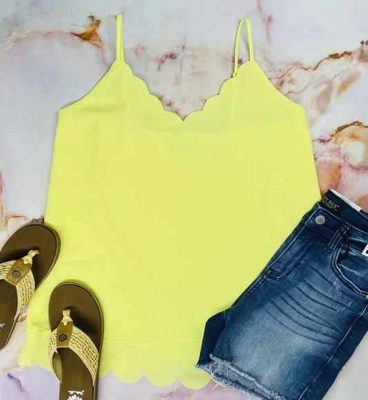 Pale Lemon Spaghetti Strap Cami w/ Scalloped Neckline & Bottom Hem