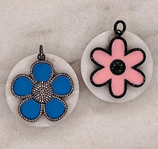 Enamel & Pave Crystal Flower Pendants (Large)