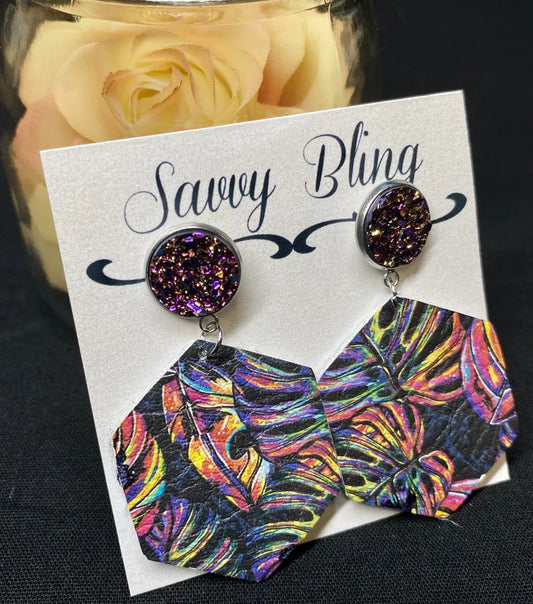 Savvy Bling Neon Palm Leaf Leather Earrings w/ Magenta Multicolor Druzy