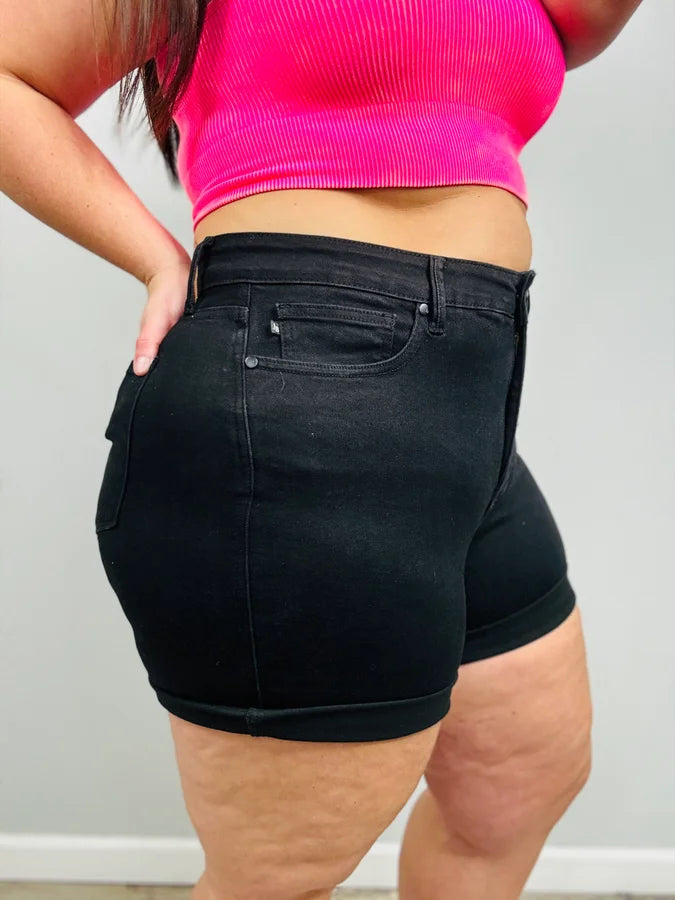 Judy Blue - "Sally" Black High-Waisted Tummy Control Cuffed Shorts