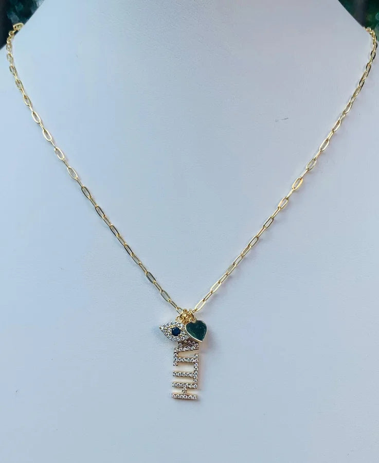 Sterling Silver Gold Plated Cubic Zirconia "FAITH"/Evil Eye Necklace - 16-18"